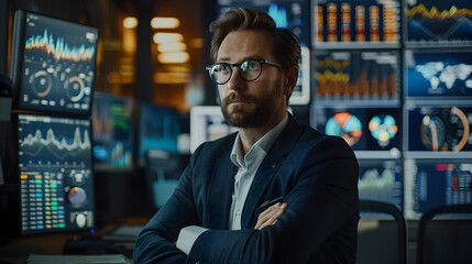 Fototapeta premium Financial Consultant Discussing Portfolio Diversification in Sophisticated Digital Office Environment