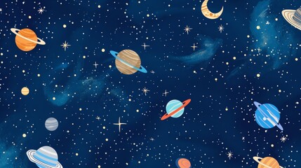 Fototapeta premium Galaxy pattern with stars and planets on a deep blue background