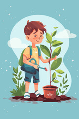 Eco-Conscious Schoolboy Watering Young Sapling, Promoting Environmental Conservation

