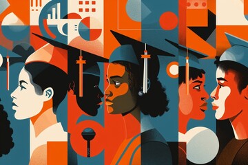 Vector Art Depicting Diversity in College Education, Showcasing Students of Various Backgrounds and Cultures Engaged in Learning and Collaboration, Highlighting Inclusion and Global Connections.