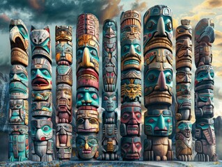 Fototapeta premium Totem poles with intricate carvings and vibrant colors stand tall against a cloudy sky.