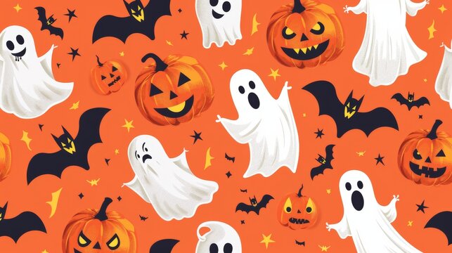 Halloween pattern with pumpkins, ghosts, and bats