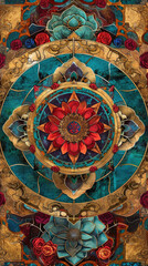 Obraz premium A vibrantly colored Thai temple mural depicts a religious scene with gold detailing