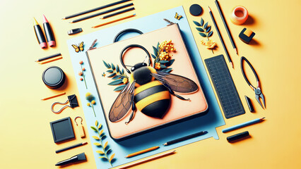 A stylish tote bag featuring a detailed bee design surrounded by art supplies. Showcasing creativity, nature, and craftsmanship with vibrant colours.
