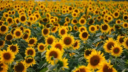 Endless Rows of Vibrant Sunflowers Blooming in a Picturesque Countryside Landscape on a Bright Summer Day