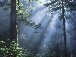 Ethereal Sunbeams Illuminating the Lush Misty Forest Landscape
