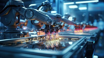 Automated robotic arms work in a high-tech factory, showcasing advanced manufacturing and industrial technology.