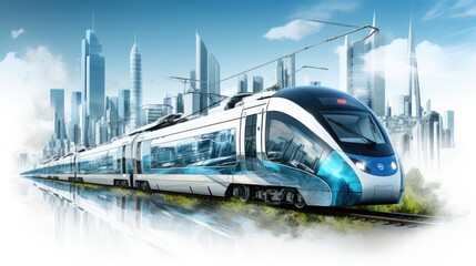 Naklejka premium Modern high-speed train against futuristic cityscape, symbolizing advanced technology and efficient transportation.
