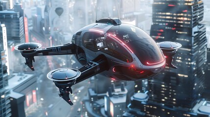 Futuristic Urban Drone Hovering Over Illuminated Cityscape at Night