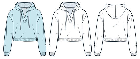 Cropped Hoodie technical fashion illustration. Hooded Sweatshirt fashion flat technical drawing template, v-neck, relaxed fit, front and back view, white, blue, women, men, unisex CAD mockup set. © Liubov Hladka