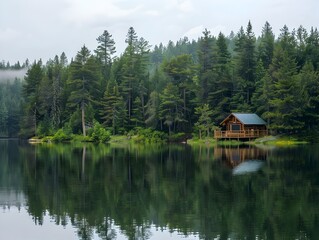 Fototapeta premium Secluded Lakeside Cabin in Serene Forest Landscape