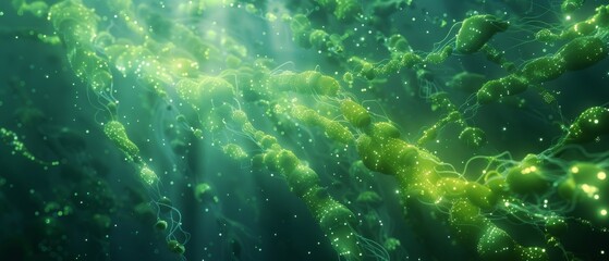 Obraz premium Illuminate the depths with a mesmerizing long shot of Algal Links Glowing nodes pulsate, symbolizing the interconnectedness of marine life, rendered in photorealistic CG