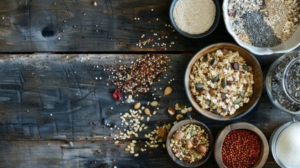 Top view, flat lay yummy millet and quinoa granola and fresh seeds placed on lumber table in kitchen