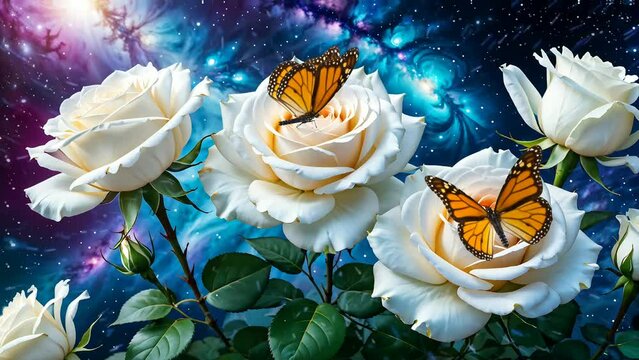 beautiful white roses with butterfly in galaxy fantasy colors. seamless looping time-lapse 4K video backgroud