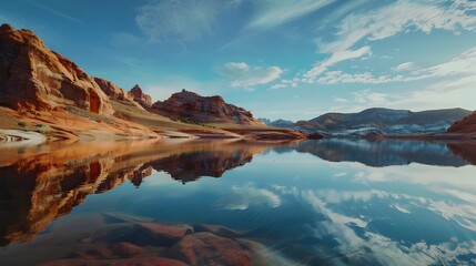 Majestic Desert Oasis Reflected in Tranquil Lake Amidst Towering Cliffs and Canyons