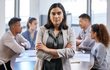 Portrait, serious and woman with arms crossed for meeting in business office with brainstorming,...