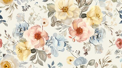 Seamless floral pattern with pastel flowers on a light background