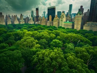 Obraz premium Lush Metropolis Framed by Towering Skyscrapers Amid Verdant Urban Oasis