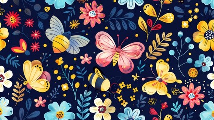 Spring pattern with flowers, butterflies, and bees