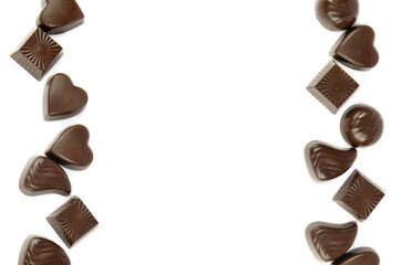 Chocolate candies isolated on white. There is free space for text. Collage.