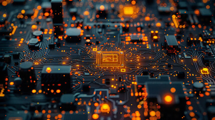 Dynamic close-up of illuminated circuit board with glowing orange lights