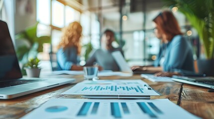 Confident Business Team Strategizing for Growth in Modern Boardroom with Charts and Laptops