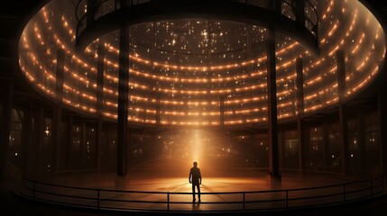 Man Standing in a Glowing Circular Structure with Dramatic Lighting