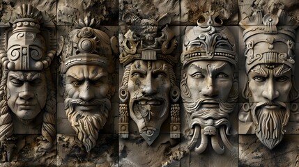 Obraz premium Intricate Carved Stone Sculptures of Mythological Deities Adorning the Facade of an Ancient Religious Temple