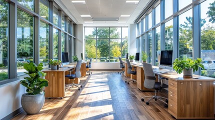 An office space filled with desks and numerous windows, allowing ample natural light to illuminate the room.