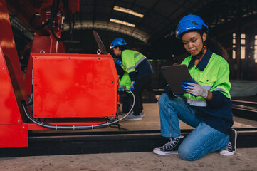 Female worker or technician working on tablet and checking mechanical equipment in factory