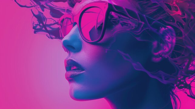 Vibrant artistic portrait of a woman in sunglasses with colorful, neon-toned lighting and abstract design elements on a pink and blue gradient background.
