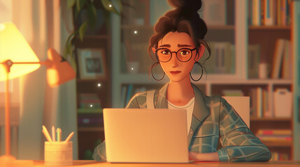 Animated Woman Working on Laptop at Home Office Desk with Cozy Lighting, Surrounded by Bookshelves and Personal Items