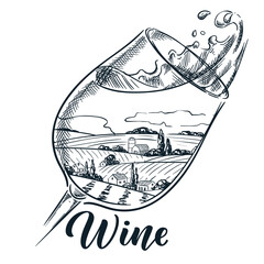 Wine glass with tuscany landscape, vineyard fields and wine splash. Vector hand drawn sketch illustration isolated on white background. Winery shop label design element