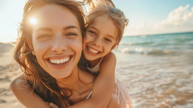 A woman and a child are smiling and hugging on a beach