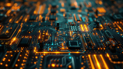 Dynamic close-up of illuminated circuit board with glowing orange lights