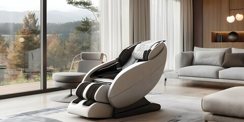 Contemporary relaxation massage chair stylishly placed in cozy living space setting. Concept Home Massage Chair, Modern Interior Design, Comfortable Living Room, Relaxation Furniture