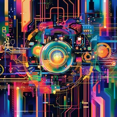 Fototapeta premium Illustration of a smart automation icon on a colorful, energetic backdrop