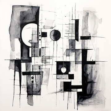 various abstract illustration made in black ink, cubistic watercolor art, naive drawing, schematic abstract drawing in ink, black on white