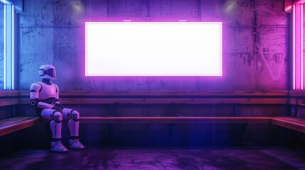 A humanoid robot sits on a bench under a blank purple glowing neon sign in a room with concrete walls and ambient purple lighting.
