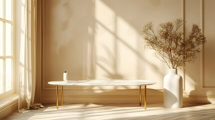 Elegant Marble Table with Gold Accents in Sophisticated Interior Setting for Beauty Product Showcase