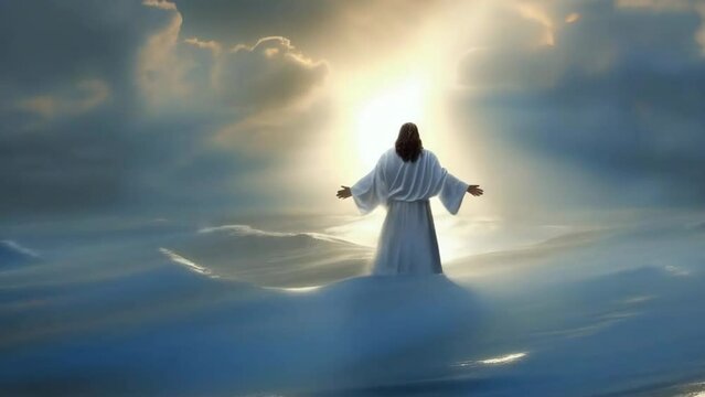 Jesus Christ walking on sea ocean water at sunrise sunset light - 4k new stock video footage animation AI