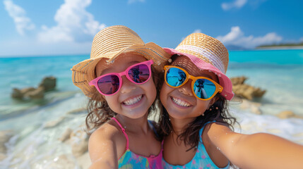 Two happy Asian girls taking a selfie wearing sunglasses and straw hats at the beach. Concept of summer, childhood, and friendship.