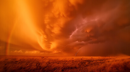 Fototapeta premium A dust storm with vivid orange sky and rainbow, and cloud-to-ground lightning strike.