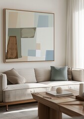 Minimalist modern living room with an oversized abstract art painting on the wall, beige walls and white sofas, earthy greens and blues of furniture, geometric patterns of artwork, wooden coffee table