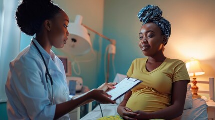 Pregnant black woman receiving a check-up from a healthcare professional at a clinic. Pregnant black woman