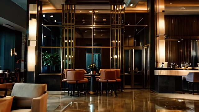Luxurious Hotel Lobby with Dark Wood, Gold Accents, and Comfortable Seating