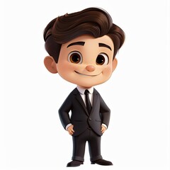 Cute Boy Cartoon in 3D Style Wearing a Suit, Smiling, Isolated on a White Background, Ideal for Business, Professional, and Children's Educational Illustrations.