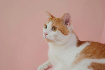Relaxed Orange and White Cat in Profile Against Soft Pink Background