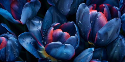 Close Up of Vibrant Blue and Red Tulips with Water Droplets in Evening Light - Powered by Adobe