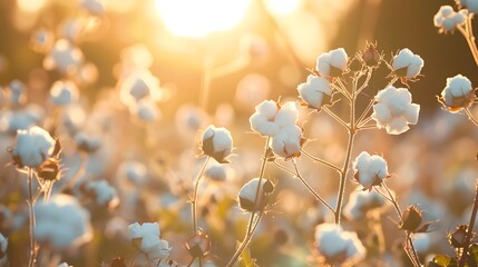 Cotton field ready for harvest under idyllic golden sunset scenery 